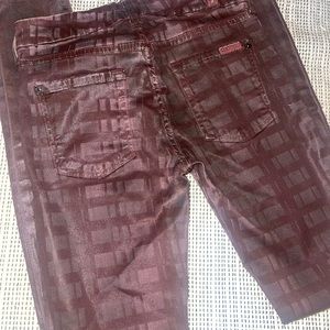 7 for all mankind-  maroon (faux leather appearance) skinny jeans